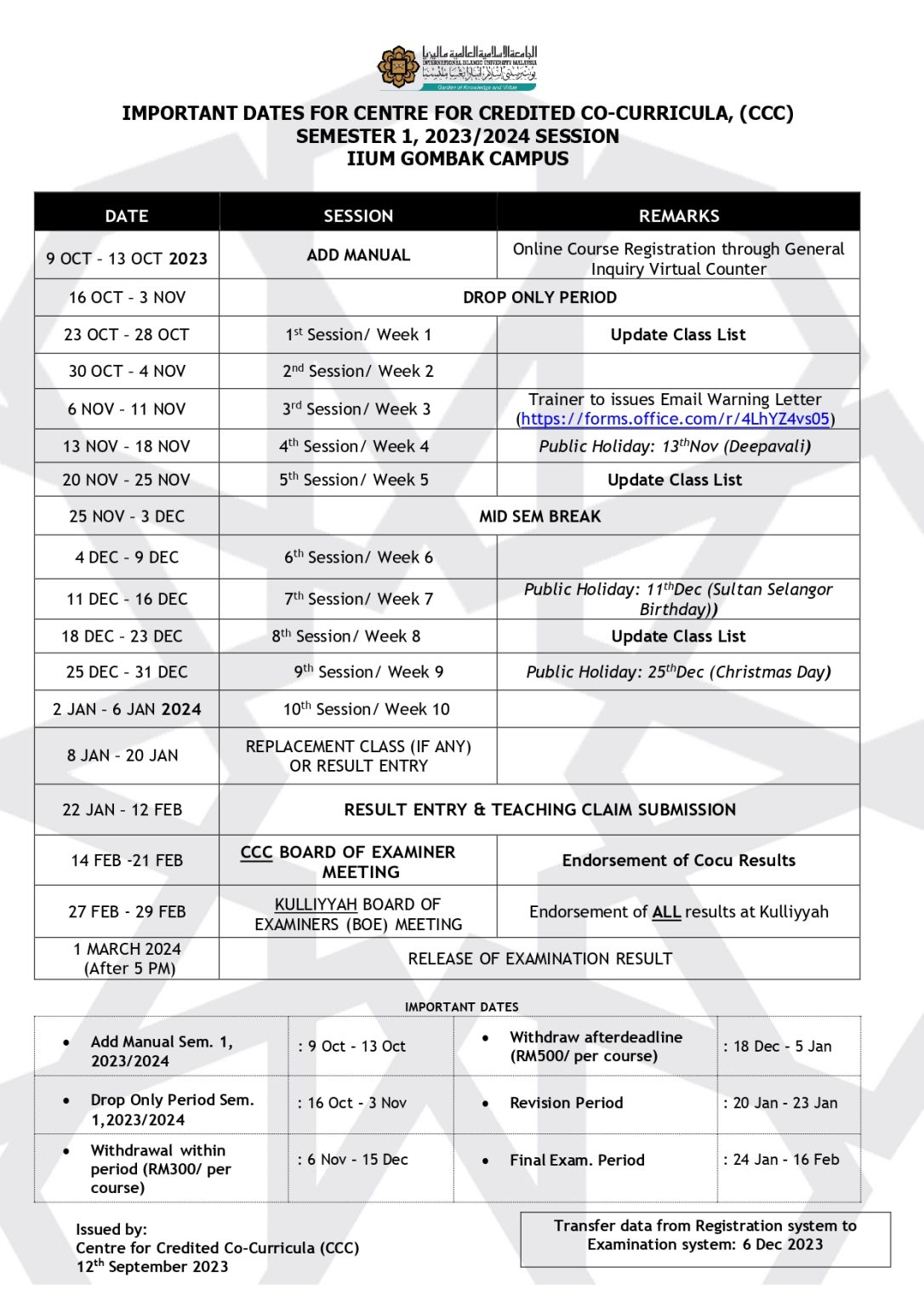 Important Dates – CENTRE FOR CREDITED CO-CURRICULA (CCC)