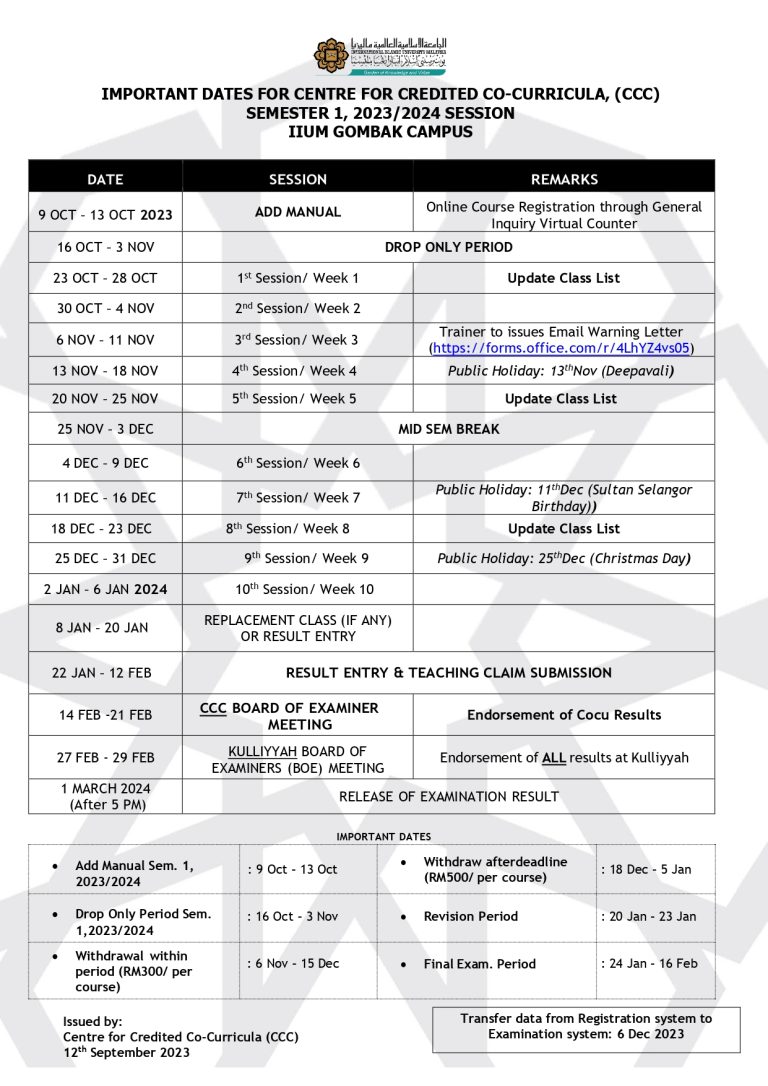 Important Dates – Centre For Credited Co-curricula (ccc)