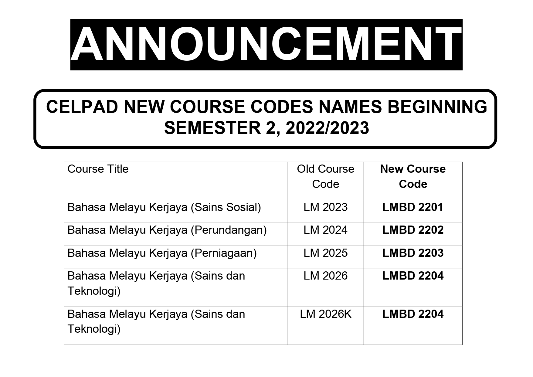ANNOUNCEMENT FOR NEW COURSE CODE NAMES – Centre for Languages and Pre ...