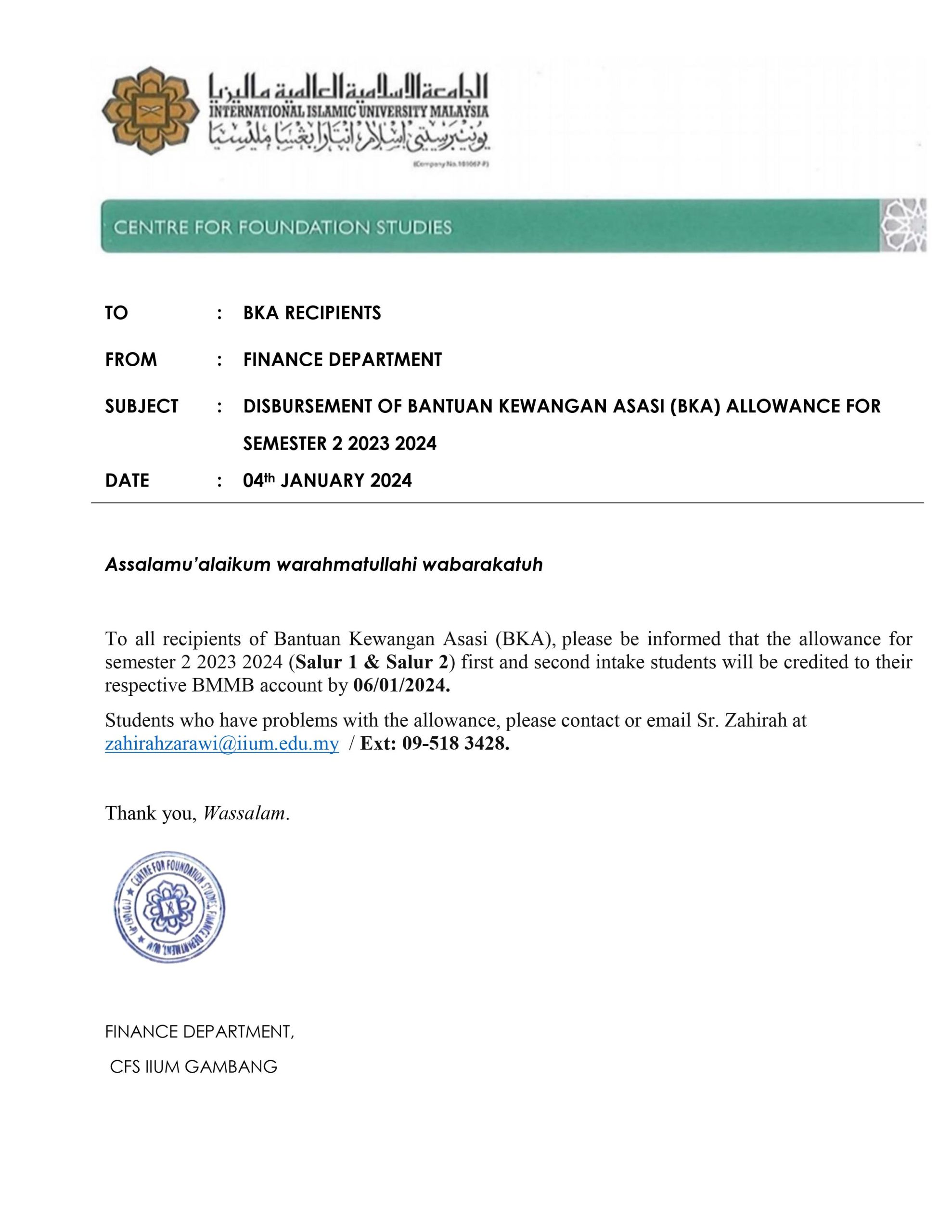 ANNOUNCEMENT ALLOWANCE BKA SEM 2 2023 2024 SALUR 1 AND SALUR 2 2023 2024