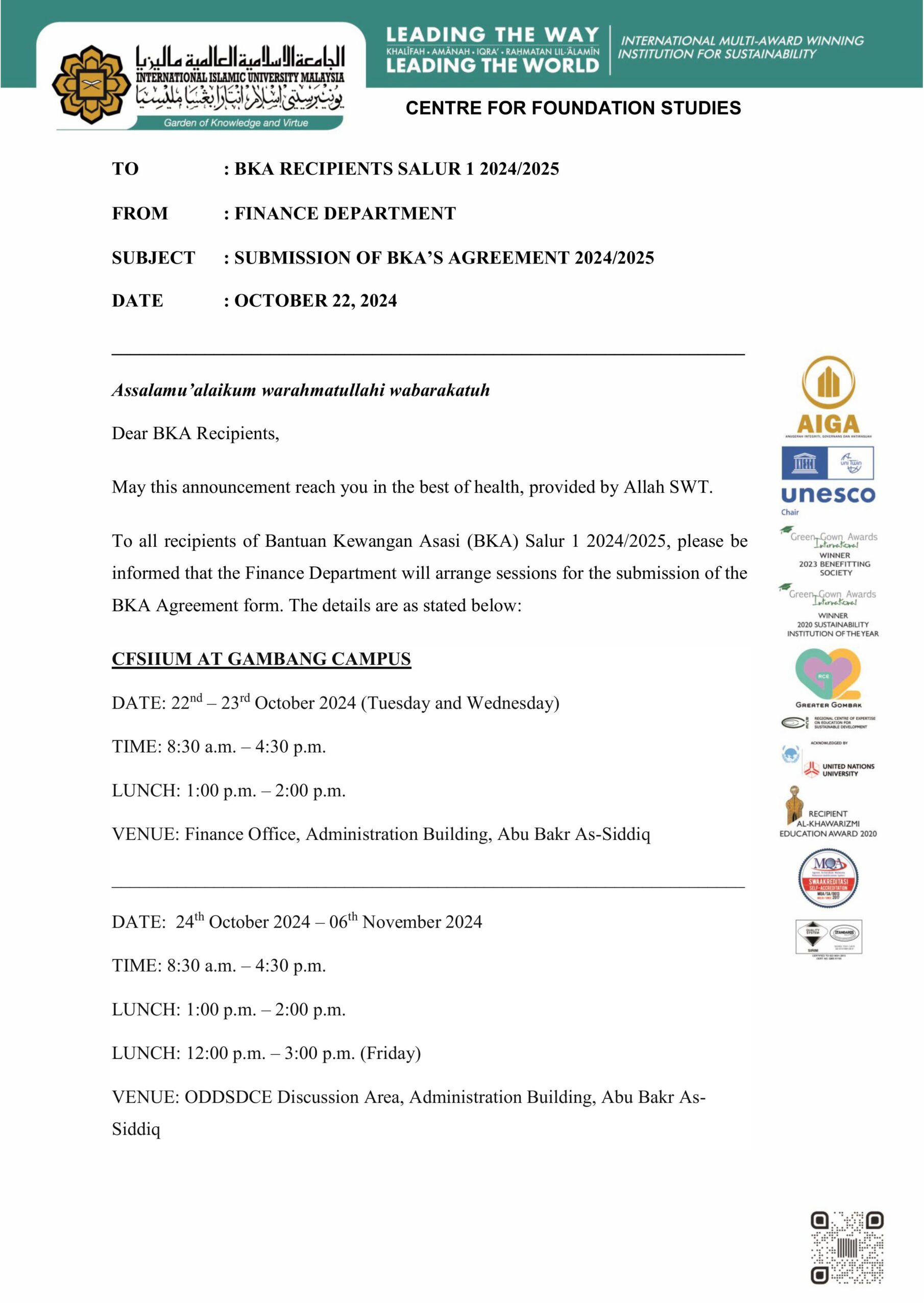 SUBMISSION OF BKA AGREEMENT FORM SALUR 1 2024 / 2025