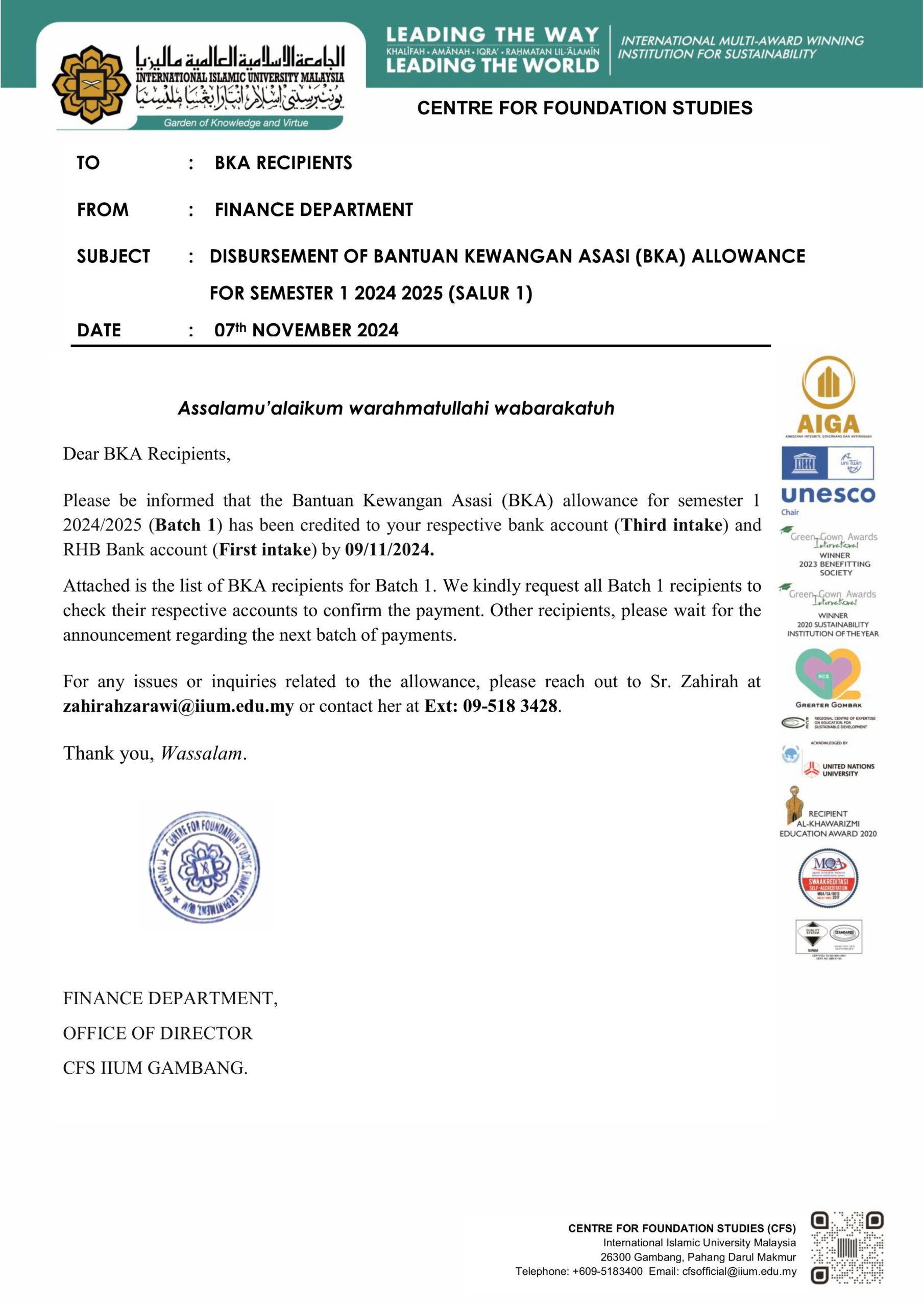 ANNOUNCEMENT REGARDING DISBURSEMENT OF BANTUAN KEWANGAN ASASI (BKA) ALLOWANCE FOR SEMESTER 1 2024 2025 SALUR 1 (BATCH 1)