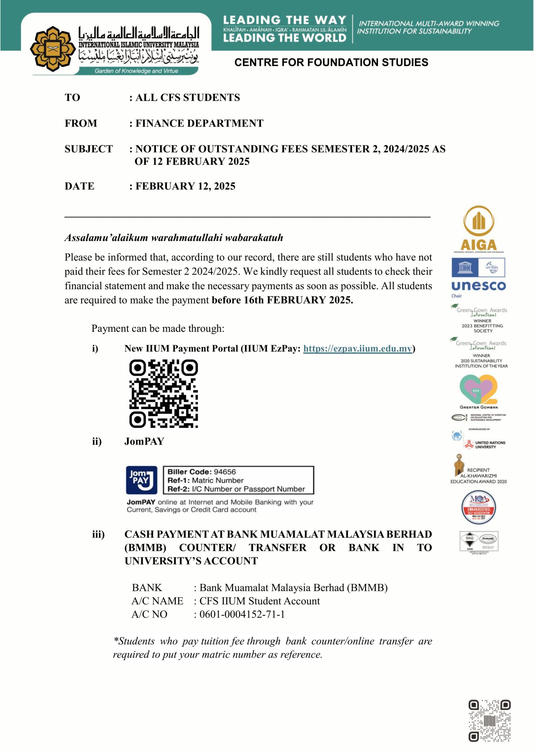 ANNOUNCEMENT REGARDING DEADLINE FOR PAYMENT OF SEMESTER 2 2024 2025 FEES (SECOND REMINDER)