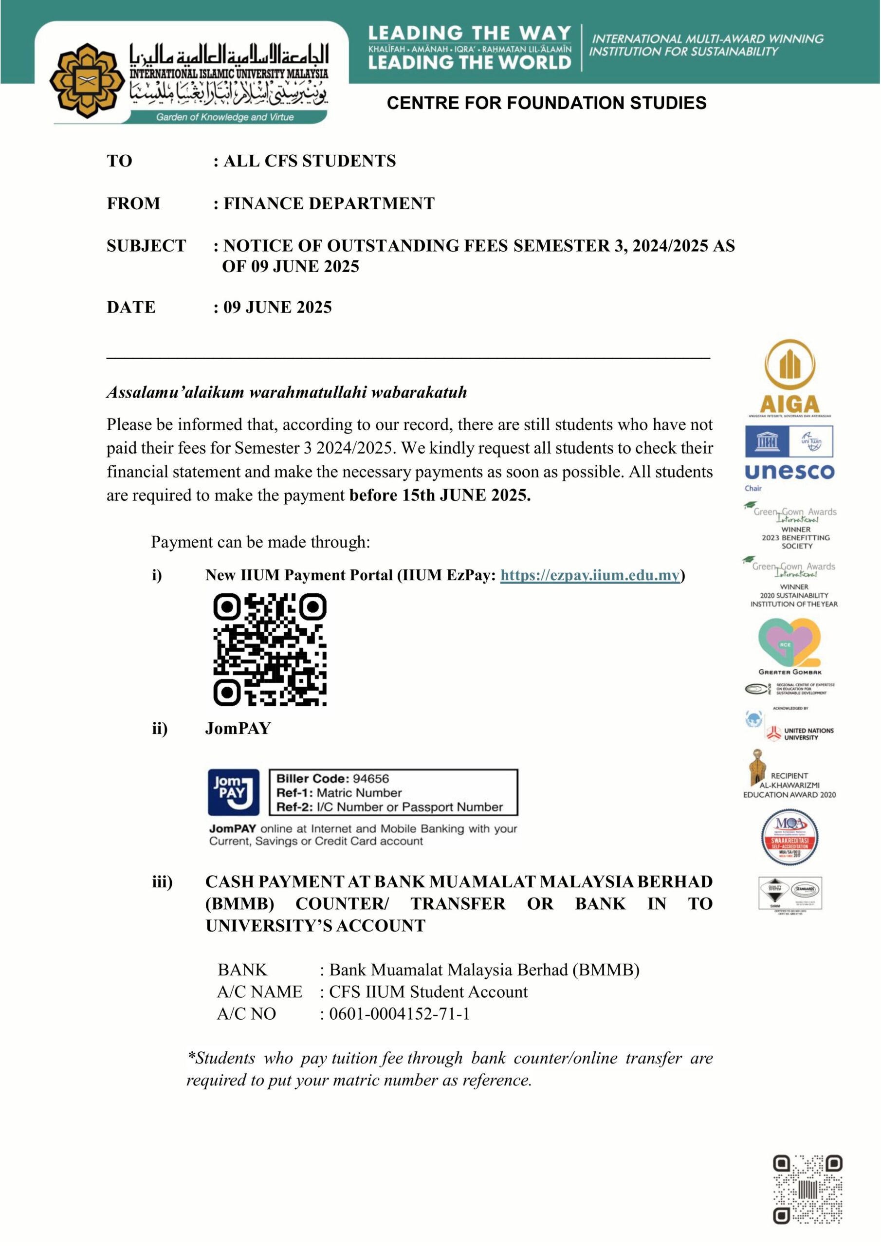 ANNOUNCEMENT REGARDING DEADLINE FOR PAYMENT OF SEMESTER 3 2024 2025 FEES