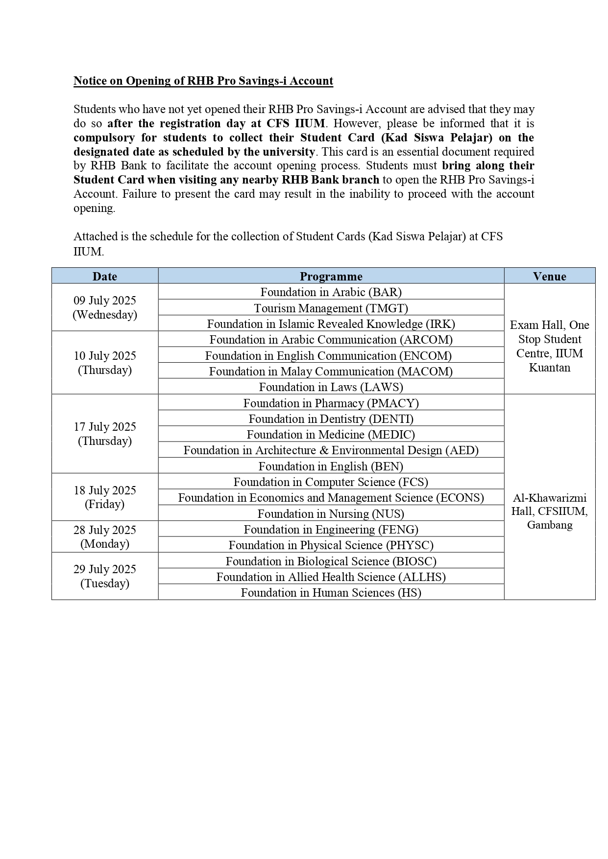 NOTICE ON OPENING OF RHB PRO SAVING-i ACCOUNT