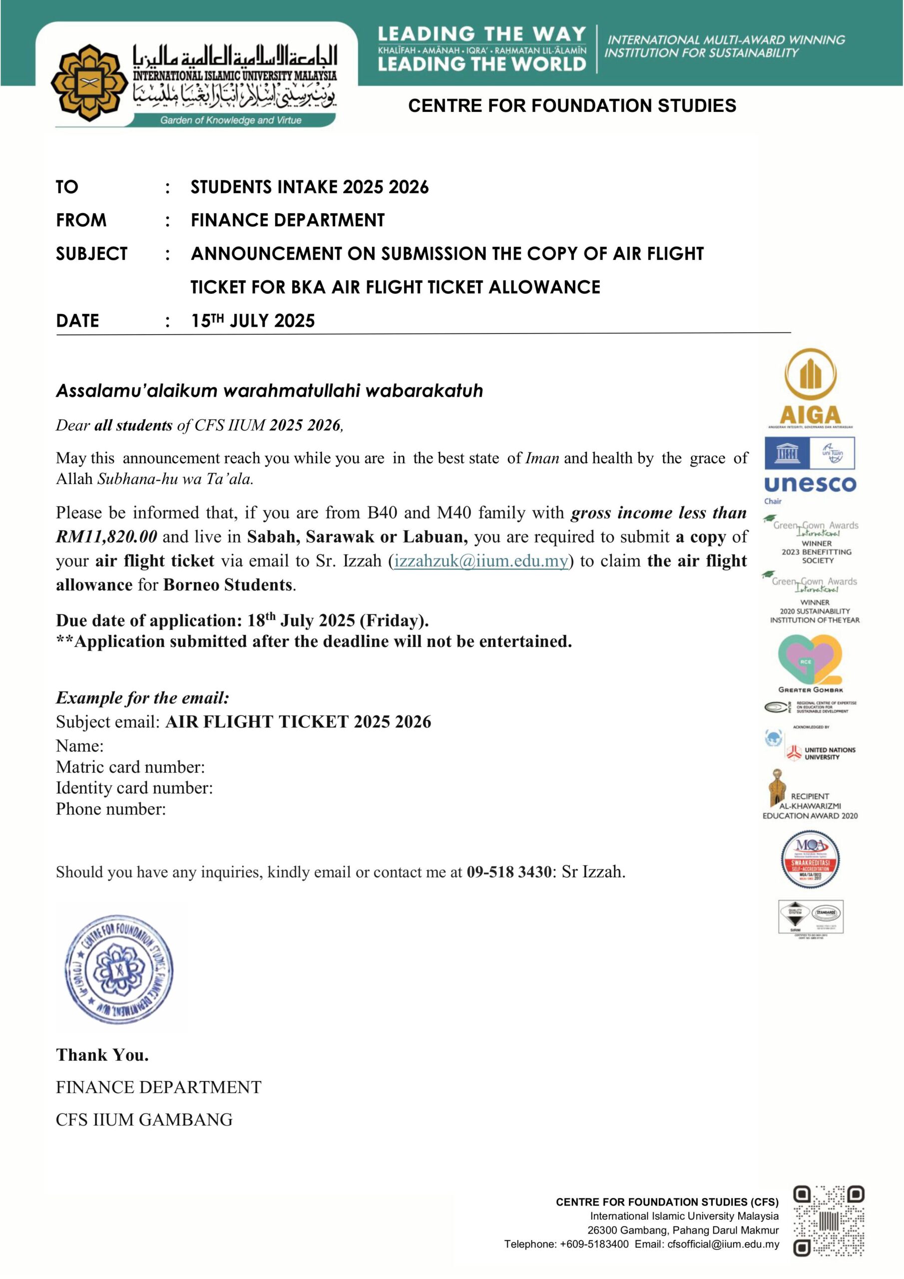 ANNOUNCEMENT ON BKA AIR FLIGHT TICKET FOR BKA FIRST INTAKE 2025/2026