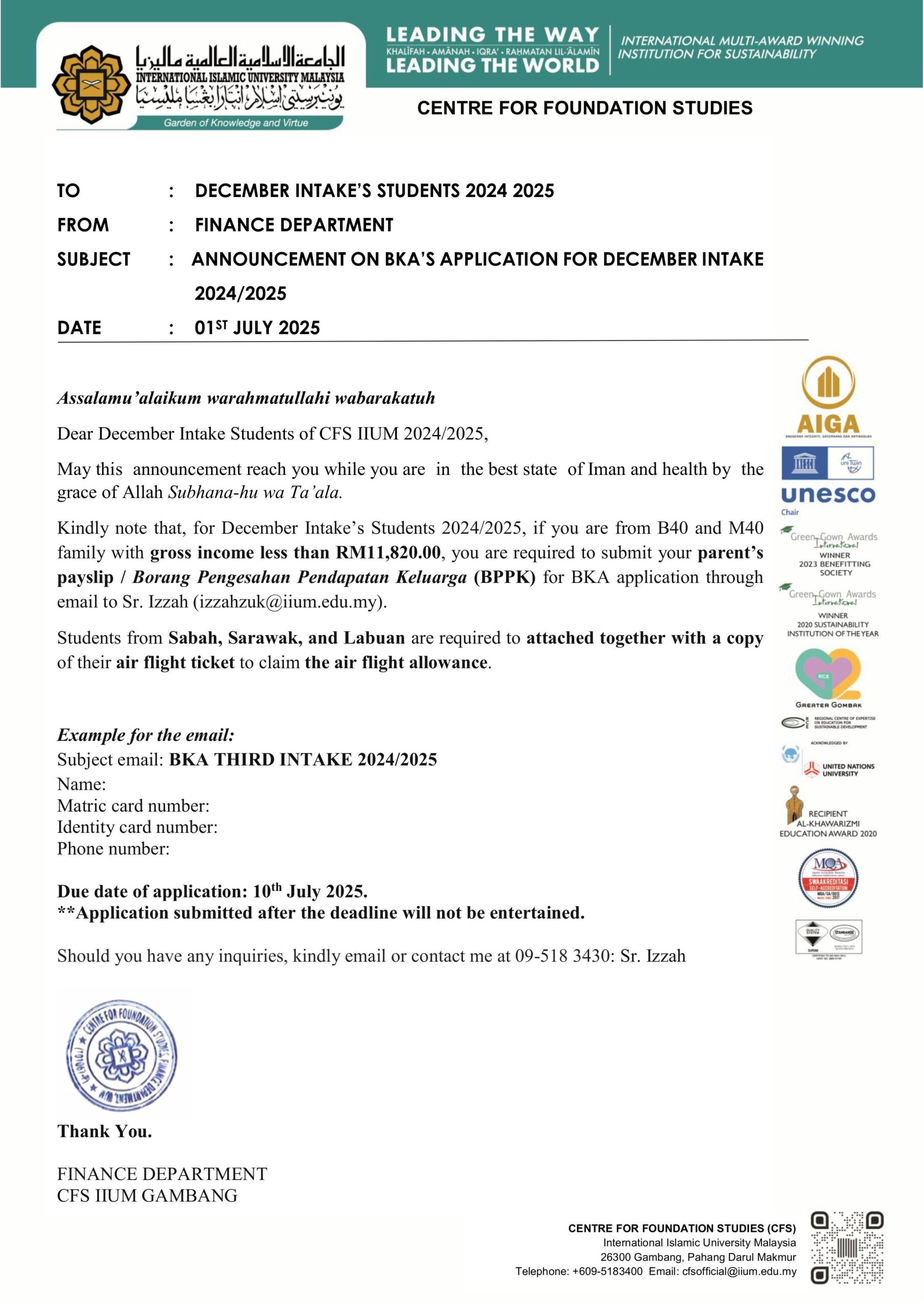 ANNOUNCEMENT ON BKA’S APPLICATION FOR DECEMBER INTAKE 2024/2025