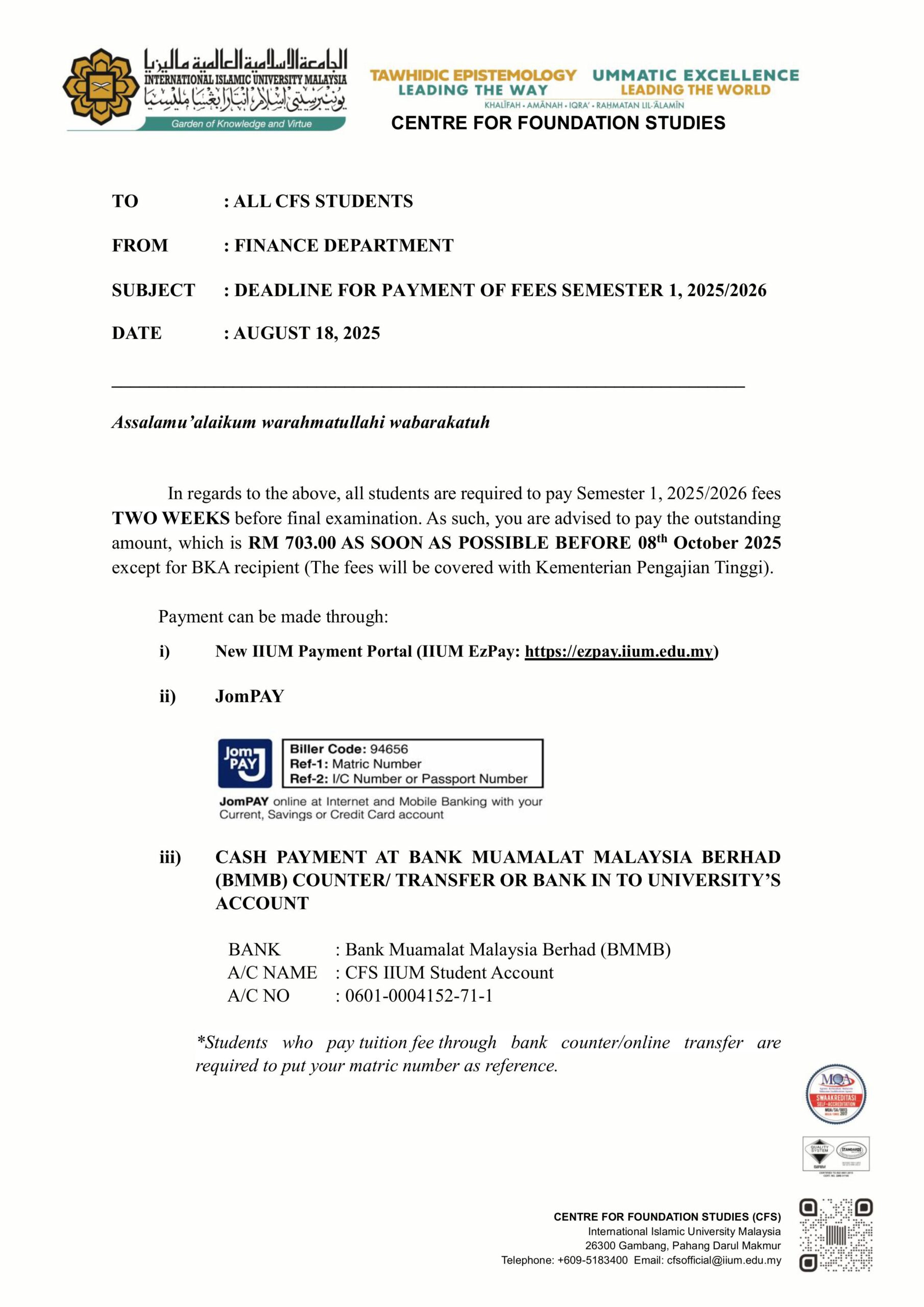 ANNOUNCEMENT REGARDING DEADLINE FOR PAYMENT OF SEMESTER 1 2025 2026 FEES