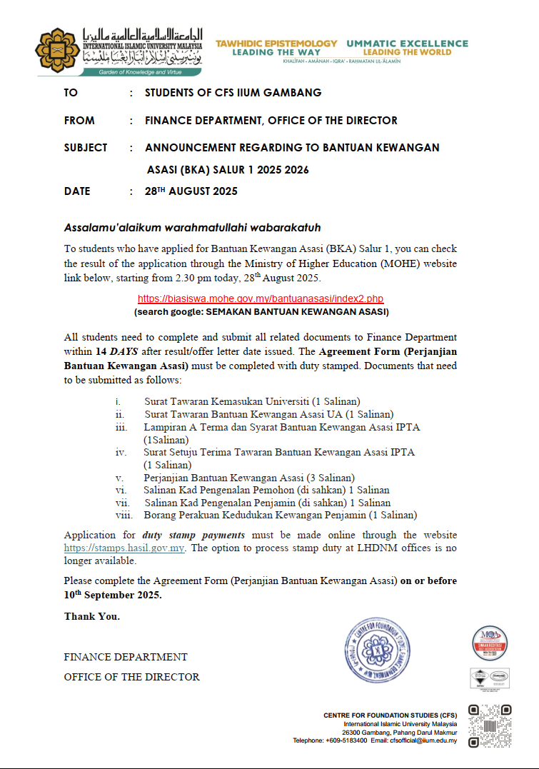 ANNOUNCEMENT REGARDING THE RESULT FOR BKA APPLICATION FOR SALUR 1 2025 2026