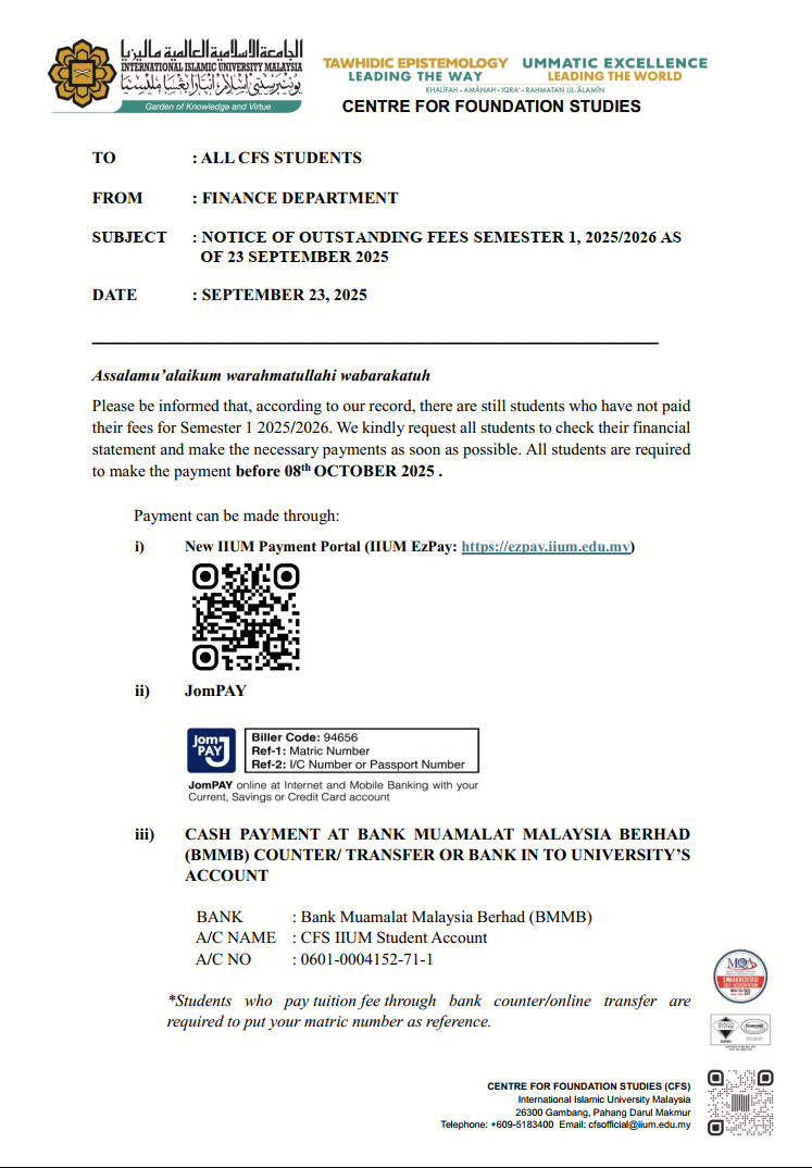 ANNOUNCEMENT ON NOTICE OF OUTSTANDING FEES SEMESTER 1, 2025/2026 AS OF SEPT. 23,2025