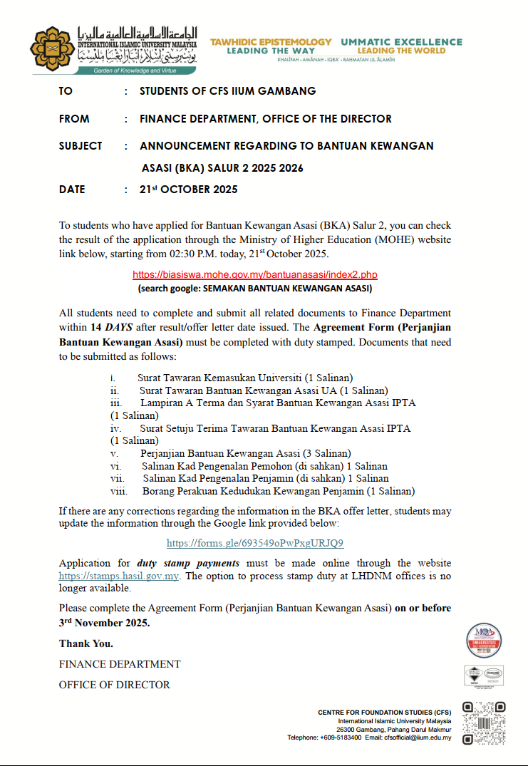 ANNOUNCEMENT REGARDING RESULT FOR BKA APPLICATION FOR SECOND INTAKE SALUR 2 2025 2026