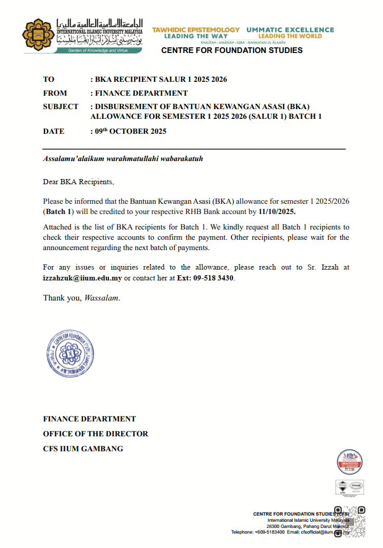 DISBURSEMENT OF BANTUAN KEWANGAN ASASI (BKA) ALLOWANCE SEM 1 SALUR 1 (BATCH 1) 09 OCT 2025