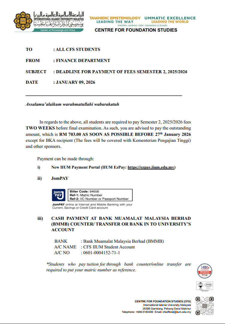 ANNOUNCEMENT OF TUITION FEE SEMESTER 2 2025 2026