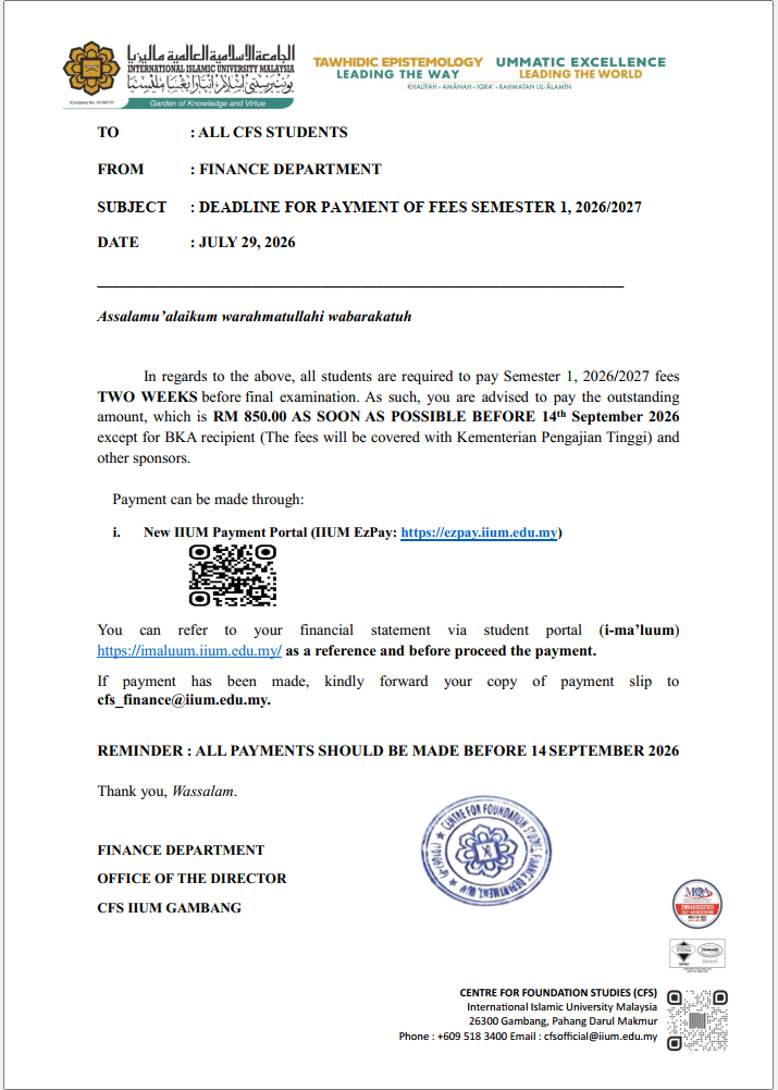ANNOUNCEMENT REGARDING DEADLINE FOR PAYMENT OF FEES SEMESTER 1,2026/2027