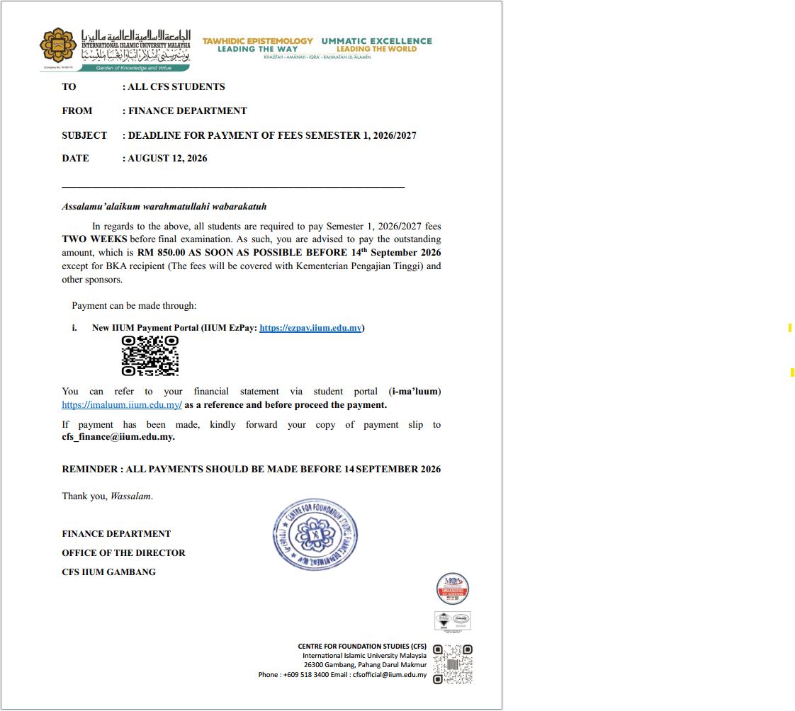 ANNOUNCEMENT REGARDING DEADLINE FOR PAYMENT OF SEMESTER 1 2026 2027 FEES (2nd REMINDER)