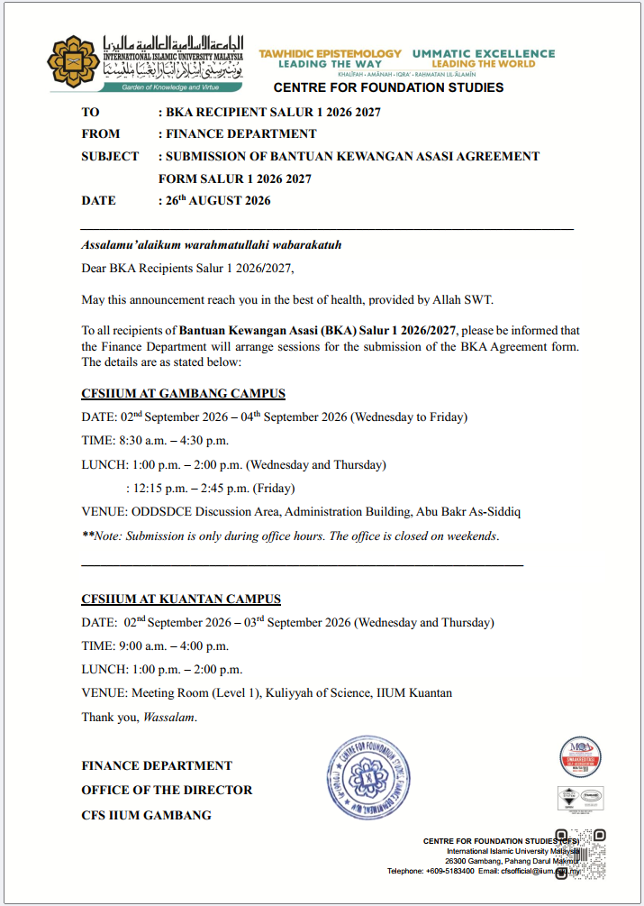 SUBMISSION OF BKA AGREEMENT FORM SALUR 1 2026 / 2027