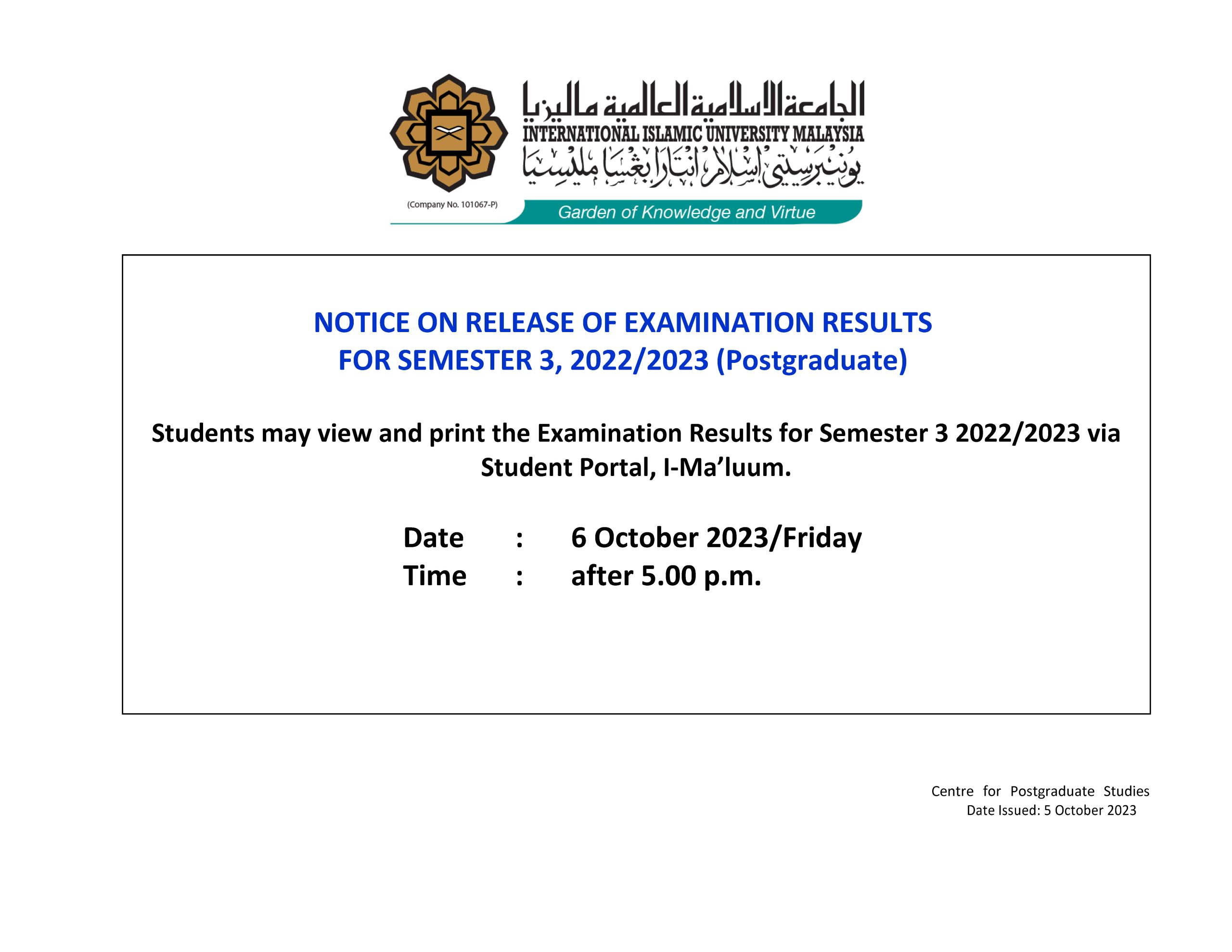 Notice on Release of Examination Results for Semester 1, 2023/2024 (Postgraduate)
