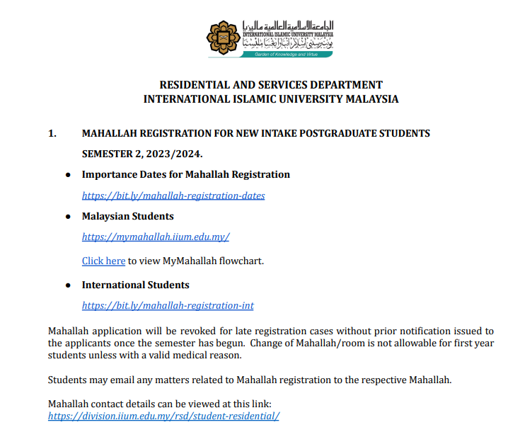 Mahallah Registration for New Intake Postgraduate Students Semester 2, 2023/2024
